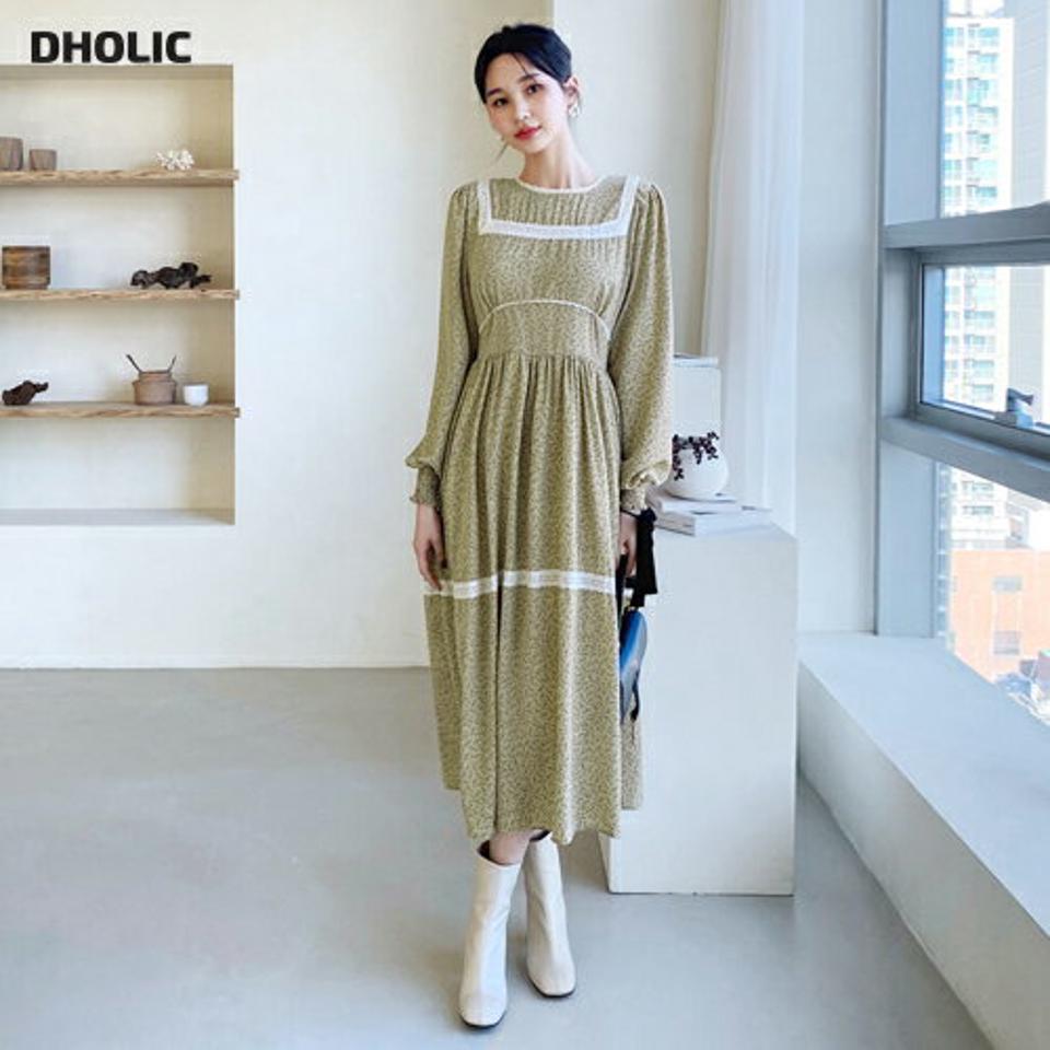 レースフラワーワンピース・全2色・b62764 レディース 【ops】【韓国 ファッション ワンピース ロング ロングワンピス 長袖 ラウンドネック 花柄 カシュクール シャーリング レース 体型カバー スリム バックファスナー カジュアル 秋 冬】