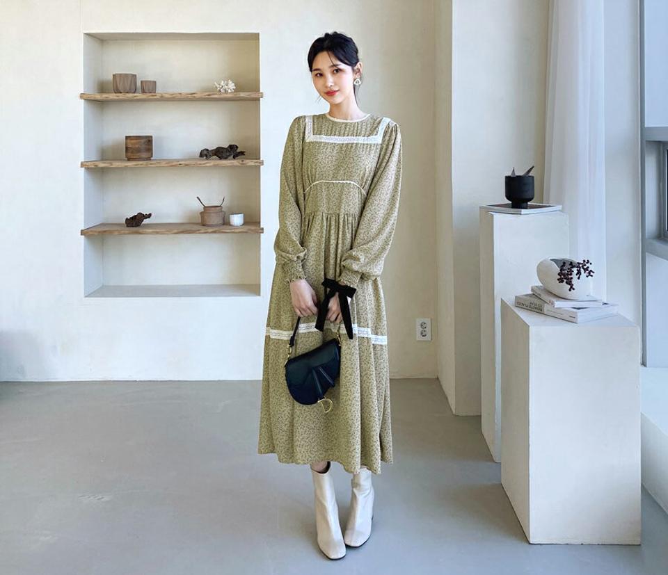 レースフラワーワンピース・全2色・b62764 レディース 【ops】【韓国 ファッション ワンピース ロング ロングワンピス 長袖 ラウンドネック 花柄 カシュクール シャーリング レース 体型カバー スリム バックファスナー カジュアル 秋 冬】