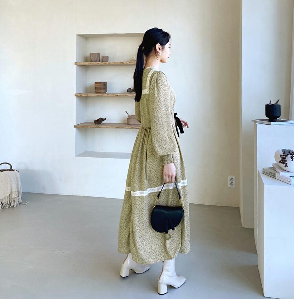 レースフラワーワンピース・全2色・b62764 レディース 【ops】【韓国 ファッション ワンピース ロング ロングワンピス 長袖 ラウンドネック 花柄 カシュクール シャーリング レース 体型カバー スリム バックファスナー カジュアル 秋 冬】