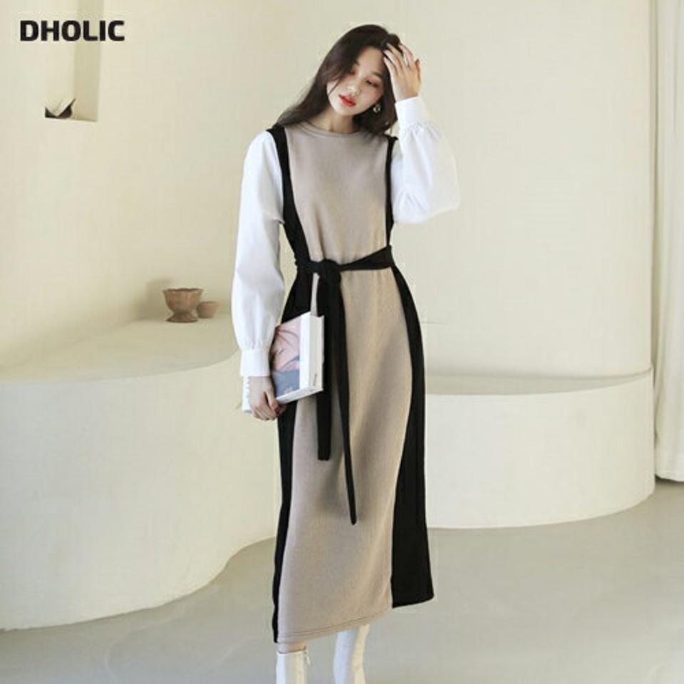 ストラップ付配色ワンピース・全2色・b44455 レディース 【ops】【韓国 ファッション ワンピース ロング ロングワンピス 長袖 ストラップ ラウンドネック リボン スリム シンプル 上品 フェミニン 体型カバー 細身 カジュアル 秋 冬】