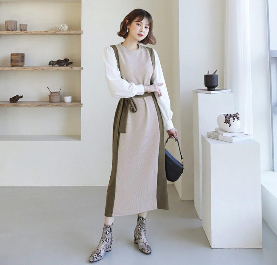 ストラップ付配色ワンピース・全2色・b44455 レディース 【ops】【韓国 ファッション ワンピース ロング ロングワンピス 長袖 ストラップ ラウンドネック リボン スリム シンプル 上品 フェミニン 体型カバー 細身 カジュアル 秋 冬】