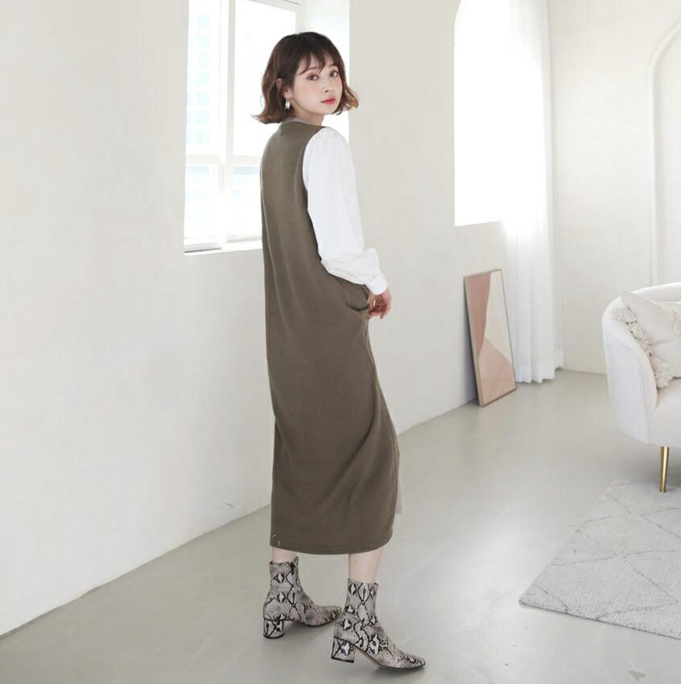 ストラップ付配色ワンピース・全2色・b44455 レディース 【ops】【韓国 ファッション ワンピース ロング ロングワンピス 長袖 ストラップ ラウンドネック リボン スリム シンプル 上品 フェミニン 体型カバー 細身 カジュアル 秋 冬】