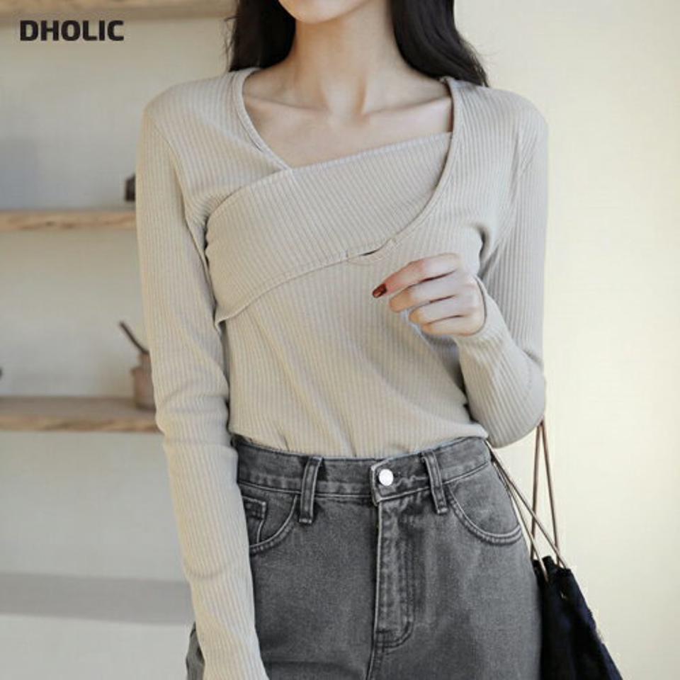 クロスネックリブTシャツ・全3色・t62770 レディース 【tops】【韓国 ファッション トップス Tシャツ 長袖 クロスネック スリム フィット ユニーク リブ リブ Tシャツ デイリー ベーシック カジュアル 無地 カジュアル 秋 冬】