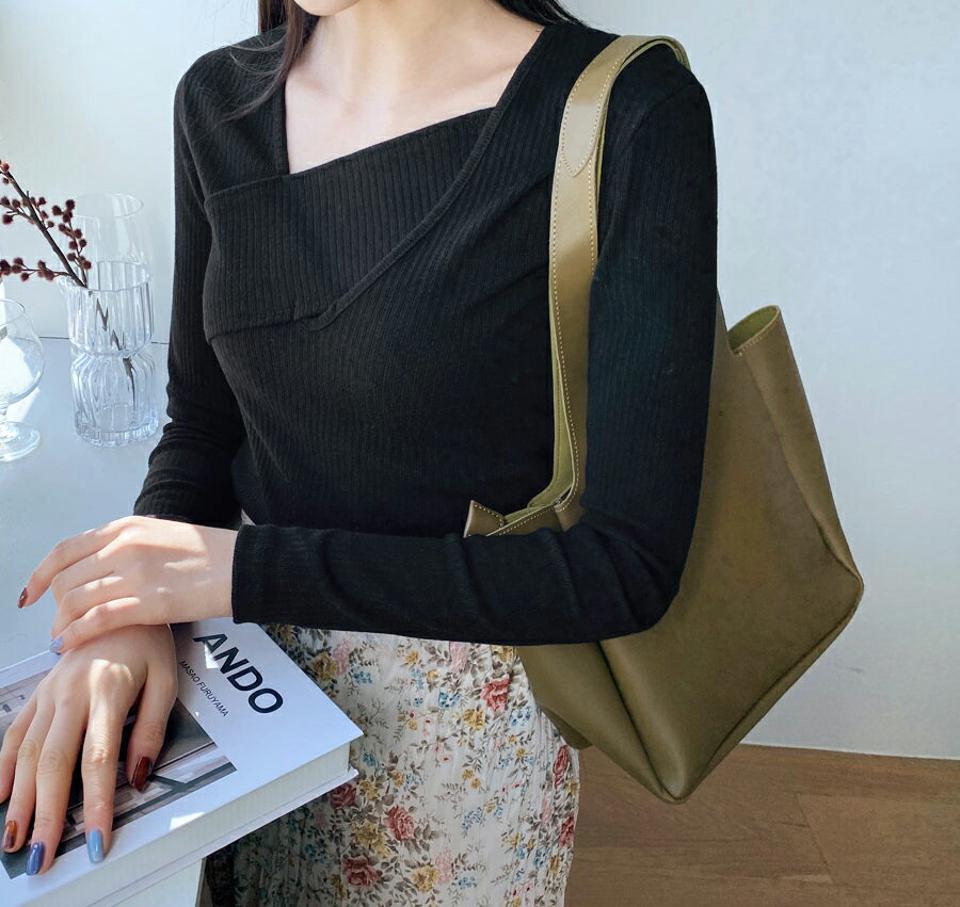 クロスネックリブTシャツ・全3色・t62770 レディース 【tops】【韓国 ファッション トップス Tシャツ 長袖 クロスネック スリム フィット ユニーク リブ リブ Tシャツ デイリー ベーシック カジュアル 無地 カジュアル 秋 冬】