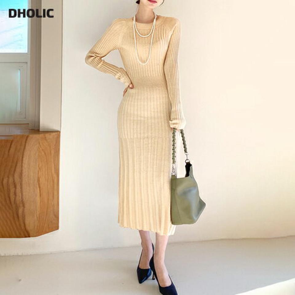 ラウンドリブワンピース・全3色・b66345 レディース 【ops】【ワンピース ロング ロングワンピース ニット ニットワンピース プリーツ プリーツワンピース リブ 長袖 シンプル 大人 上品 秋 冬 韓国 ファッション】【ハイホリHIHOLLI】