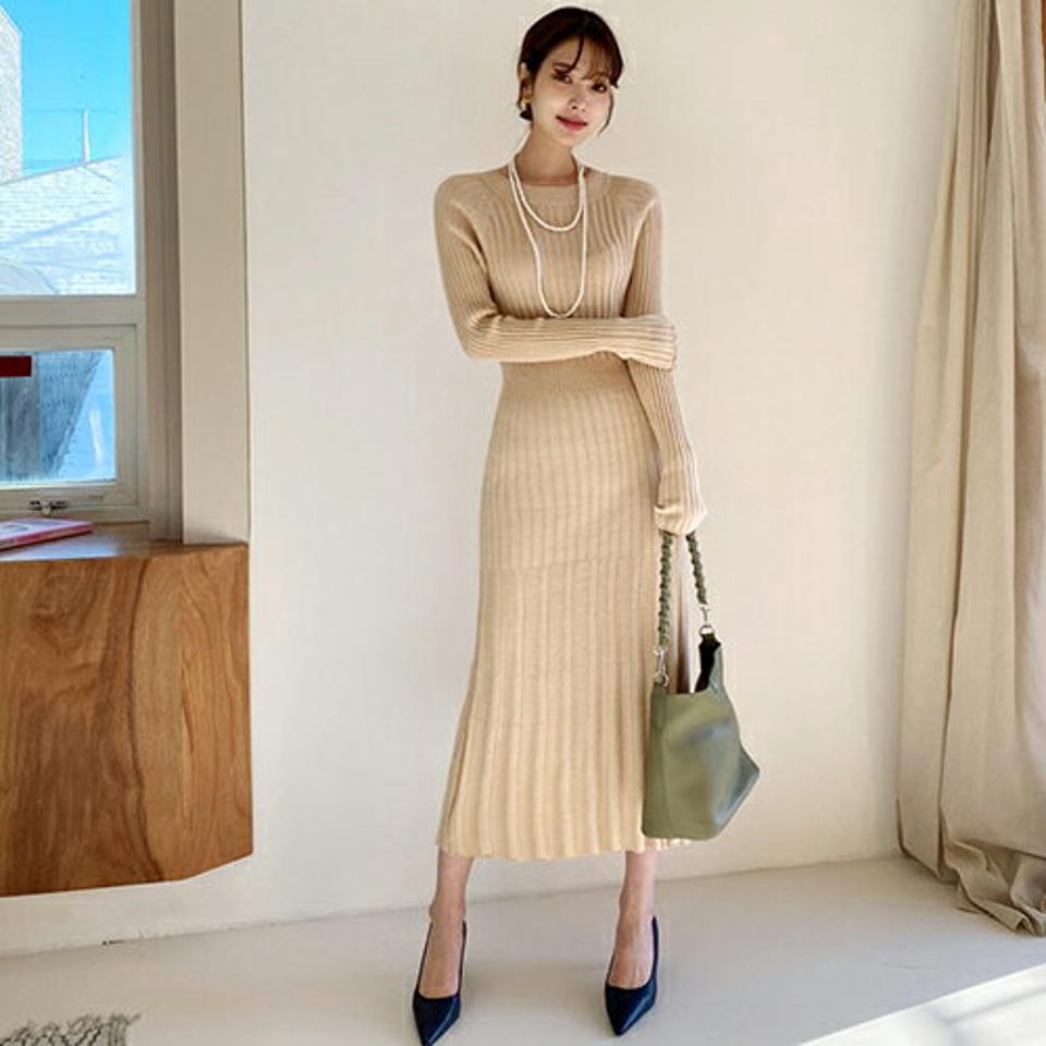 ラウンドリブワンピース・全3色・b66345 レディース 【ops】【ワンピース ロング ロングワンピース ニット ニットワンピース プリーツ プリーツワンピース リブ 長袖 シンプル 大人 上品 秋 冬 韓国 ファッション】【ハイホリHIHOLLI】