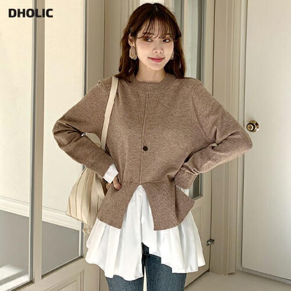 スリットへムレイヤードニット・全3色・b66343 レディース 【tops】【トップス ニット ニットトップス 長袖 レイヤード風 スリット ユニーク　おしゃれ 可愛い かわいい 秋 冬 韓国 ファッション】【ハイホリHIHOLLI】