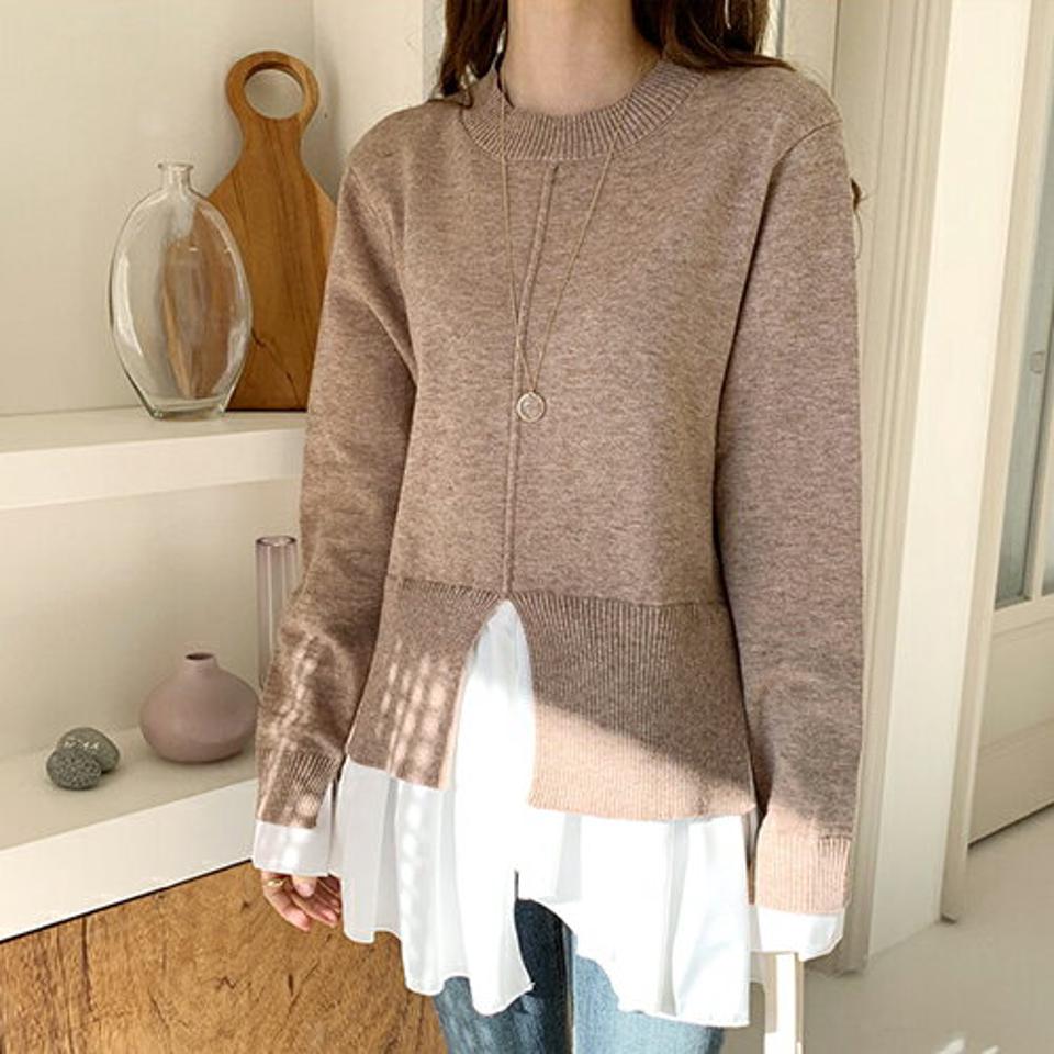 スリットへムレイヤードニット・全3色・b66343 レディース 【tops】【トップス ニット ニットトップス 長袖 レイヤード風 スリット ユニーク　おしゃれ 可愛い かわいい 秋 冬 韓国 ファッション】【ハイホリHIHOLLI】