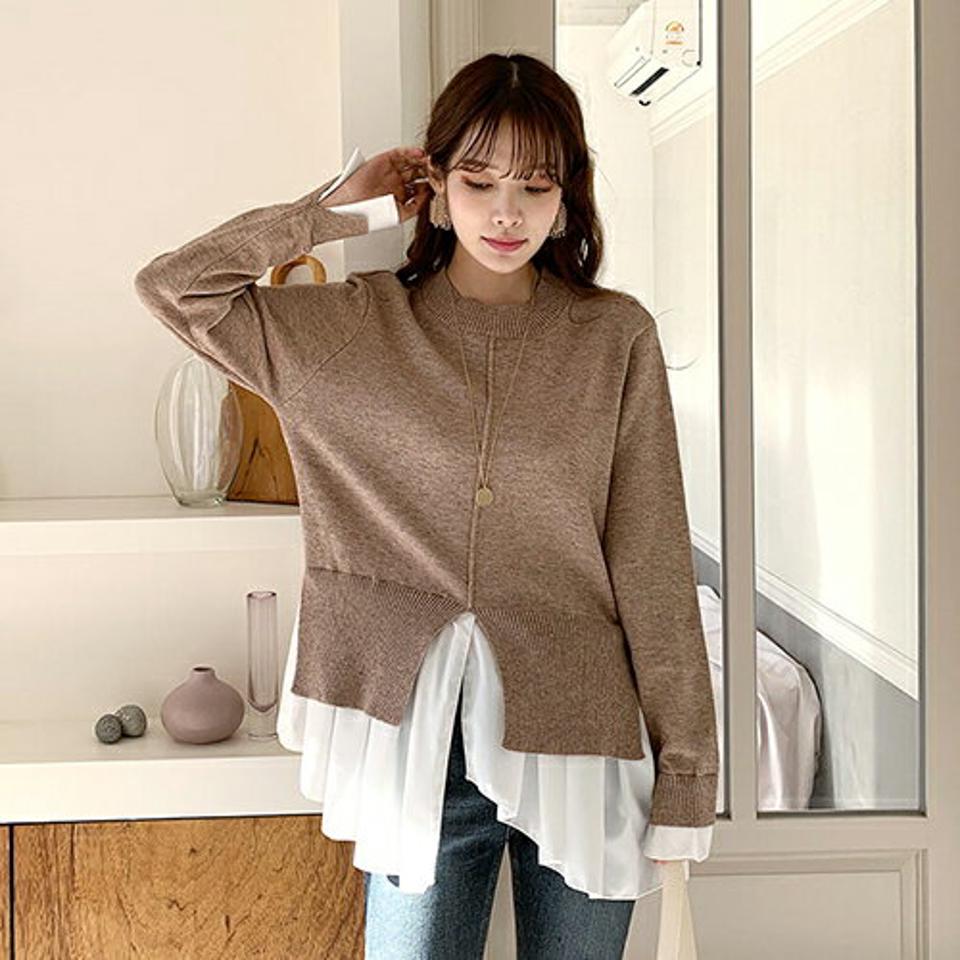スリットへムレイヤードニット・全3色・b66343 レディース 【tops】【トップス ニット ニットトップス 長袖 レイヤード風 スリット ユニーク　おしゃれ 可愛い かわいい 秋 冬 韓国 ファッション】【ハイホリHIHOLLI】