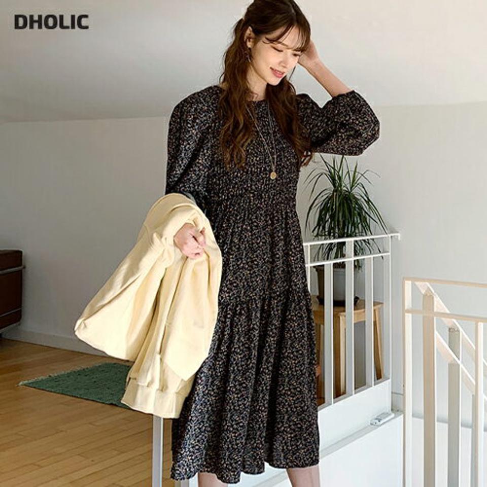 花柄シャーリングワンピース・全3色・t66329 レディース 【ops】【ワンピース ロング ロングワンピース 長袖 シャーリング 花柄 小花柄 袖コンシャス ボリューム袖 可愛い かわいい フェミニン 秋 冬 韓国 ファッション】【ハイホリHIHOLLI】