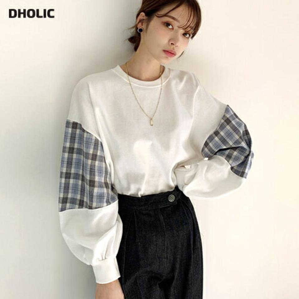 スリーブチェックTシャツ・全4色・b66344 レディース 【tops】【トップス tシャツ 長袖 チェック柄 ボリューム袖 カジュアル 可愛い かわいい 秋 冬 韓国 ファッション】【ハイホリHIHOLLI】
