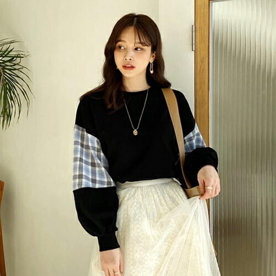 スリーブチェックTシャツ・全4色・b66344 レディース 【tops】【トップス tシャツ 長袖 チェック柄 ボリューム袖 カジュアル 可愛い かわいい 秋 冬 韓国 ファッション】【ハイホリHIHOLLI】