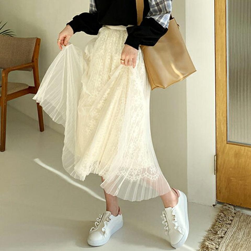 チュールレーススカート・全3色・b66347 レディース 【sk】【スカート ロング ロングスカート レース 総レース チュールスカート チュール 可愛い かわいい フェミニン ウエストゴム 秋 冬 韓国 ファッション】【ハイホリHIHOLLI】