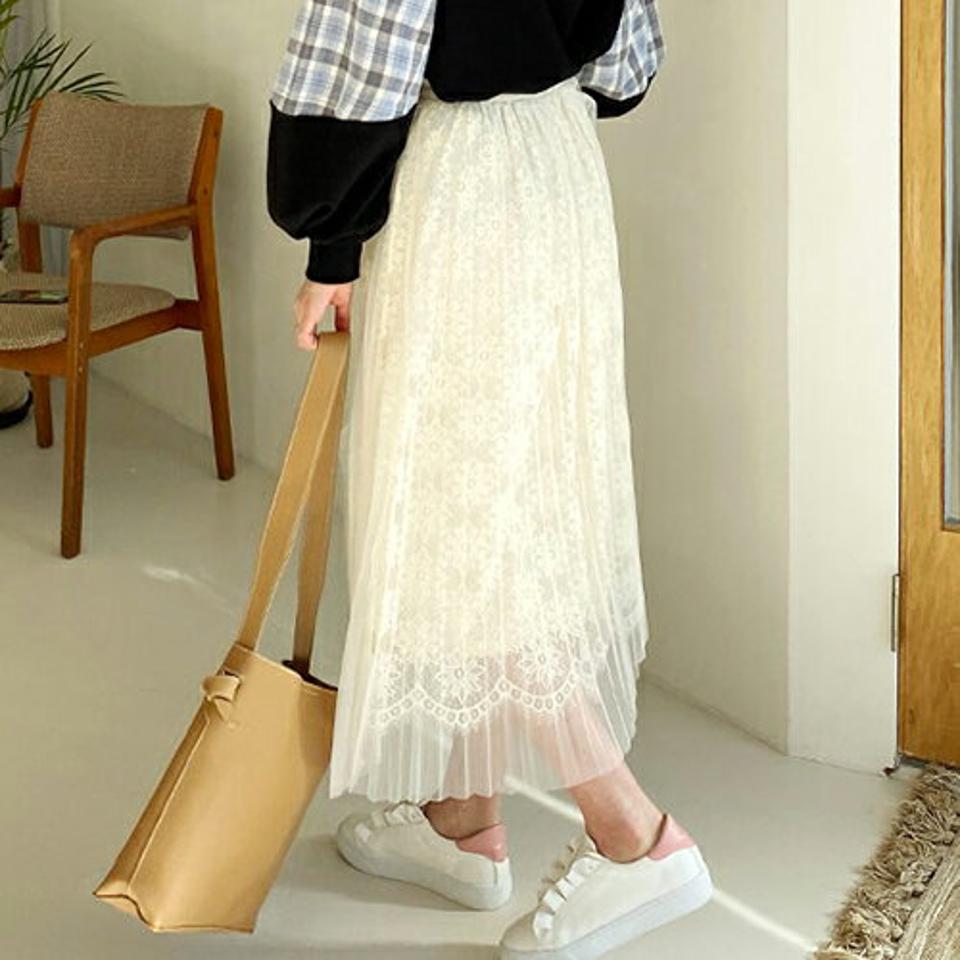 チュールレーススカート・全3色・b66347 レディース 【sk】【スカート ロング ロングスカート レース 総レース チュールスカート チュール 可愛い かわいい フェミニン ウエストゴム 秋 冬 韓国 ファッション】【ハイホリHIHOLLI】