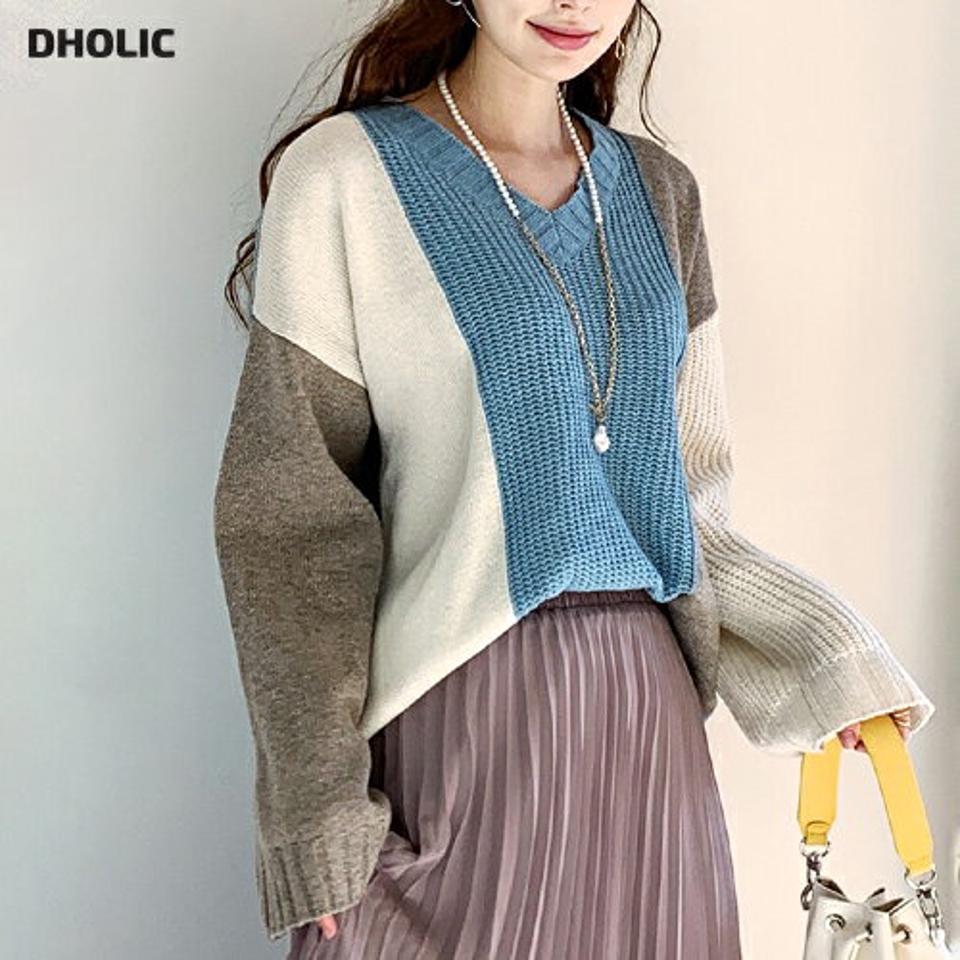 Vネック配色ニット・全3色・t66333 レディース 【tops】【トップス ニット ニットトップス 配色 Vネック 長袖 カジュアル 大人 秋 冬 韓国 ファッション】【ハイホリHIHOLLI】
