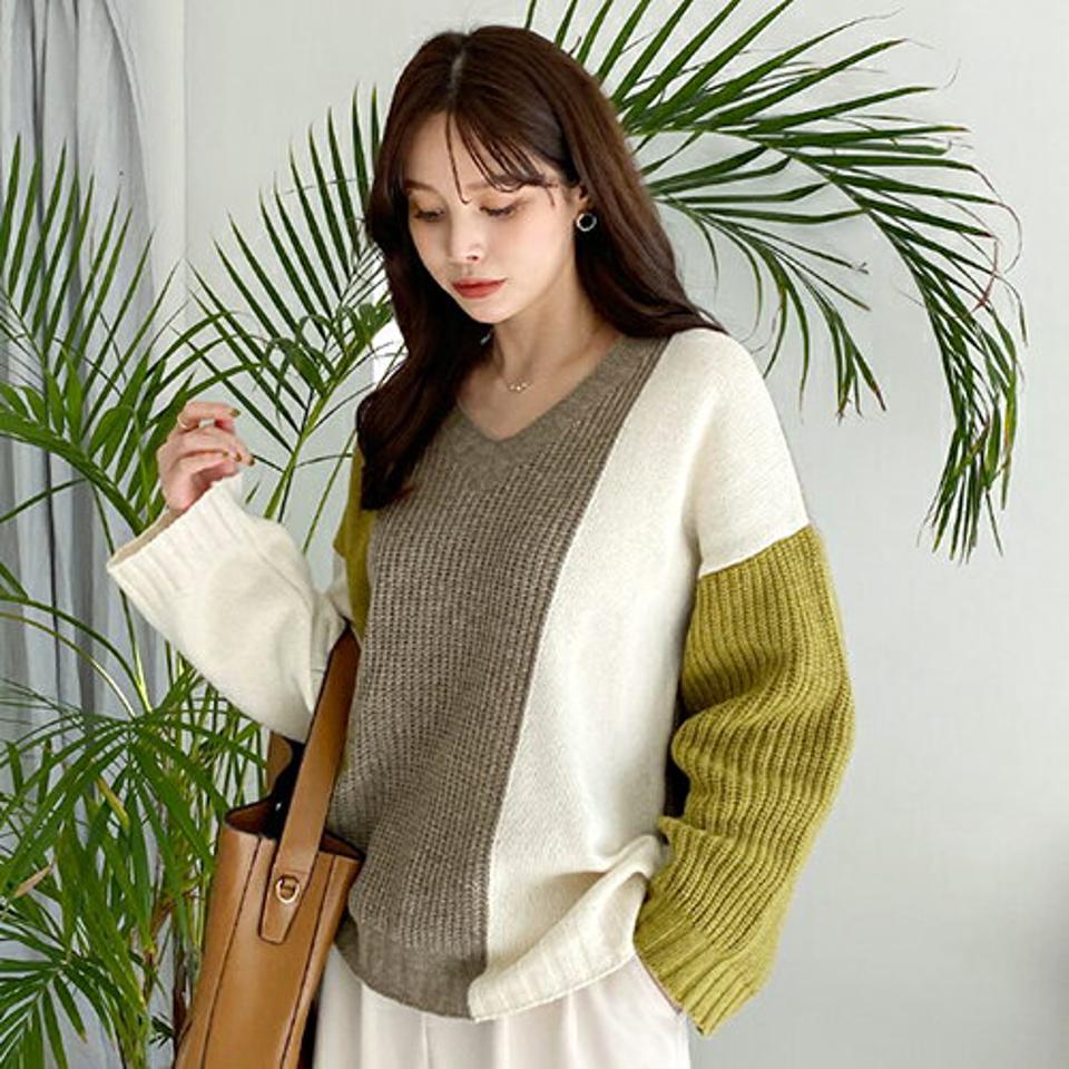 Vネック配色ニット・全3色・t66333 レディース 【tops】【トップス ニット ニットトップス 配色 Vネック 長袖 カジュアル 大人 秋 冬 韓国 ファッション】【ハイホリHIHOLLI】
