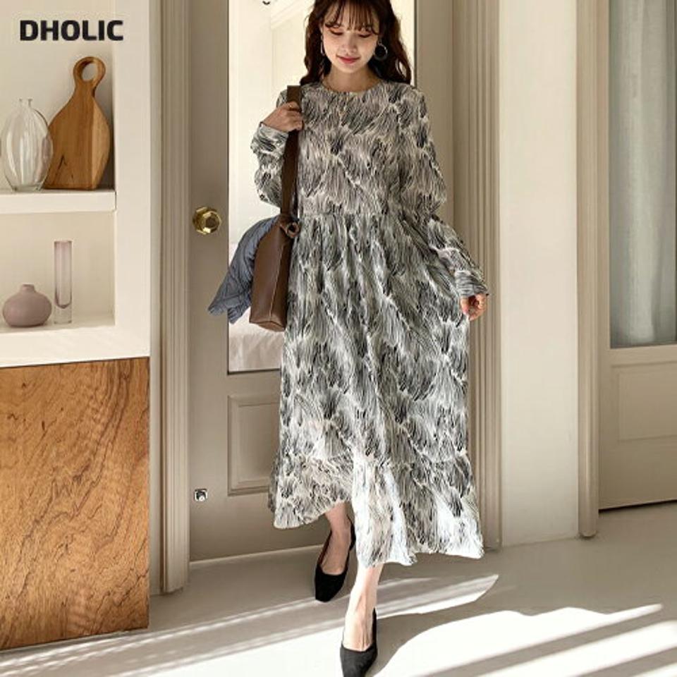 【只今10%OFF】プリントワンピース・全2色・b66328 レディース 【ops】【ワンピース ロング ロングワンピース 長袖 総柄 プリント モダン 大人 シック フレア フレアワンピース 秋 冬 韓国 ファッション】【ハイホリHIHOLLI】