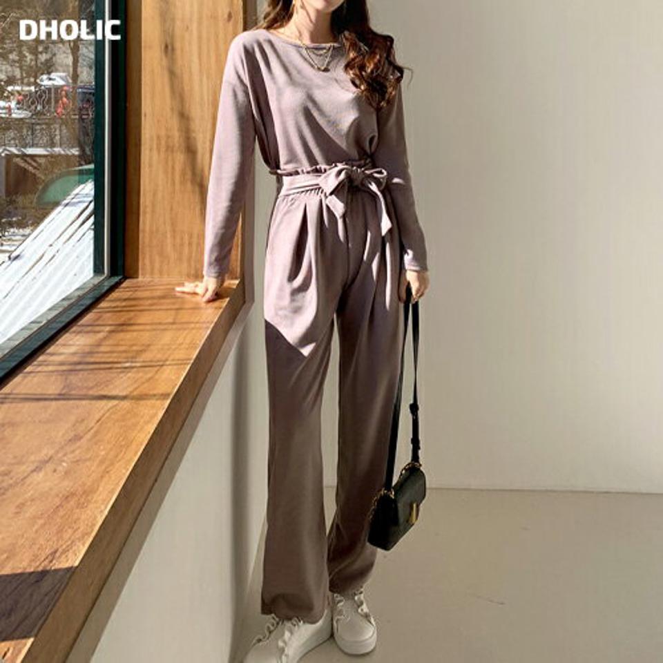 Tシャツ&リボンパンツSET・全3色・t66330 レディース 【pt】【セットアップ setup トップス Tシャツ 長袖 パンツ ズボン ロングパンツ 単色 無地 シンプル カジュアル ボートネック 秋 冬 韓国 ファッション】【ハイホリHIHOLLI】