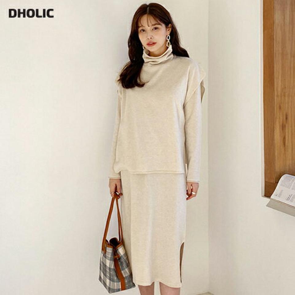 ベスト付ニットワンピース・全2色・b66332 レディース 【ops】【ワンピース ミディ丈 ミディワンピース 長袖 ニット ニットワンピース 単色 無地 シンプル ベスト セット set タートル タートルネック 秋 冬 韓国 ファッション】【ハイホリHIHOLLI】