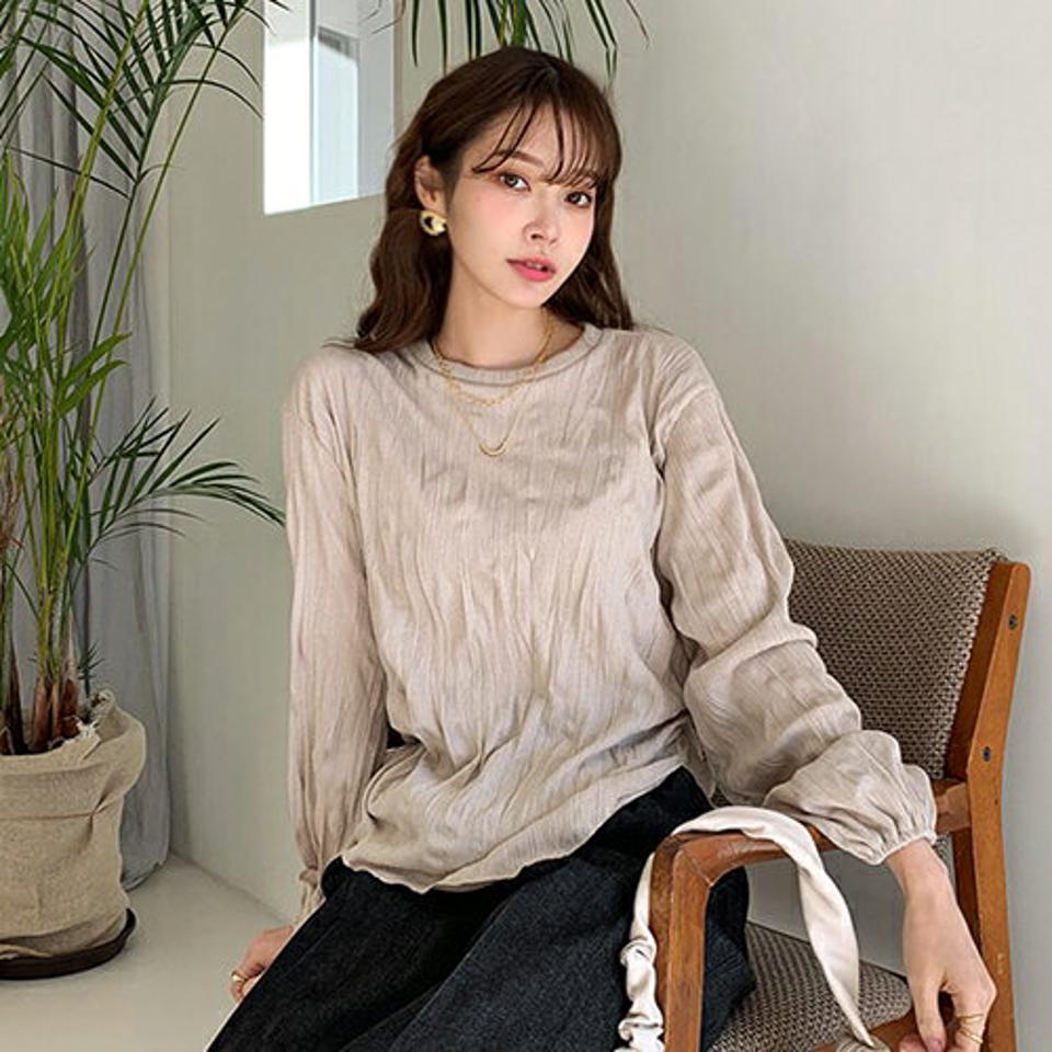 リンクルラウンドヘムTシャツ・全3色・t66326 レディース 【tops】【トップス Tシャツ 長袖 リンクル ナチュラル シンプル 単色 可愛い かわいい 秋 冬 韓国 ファッション】【ハイホリHIHOLLI】