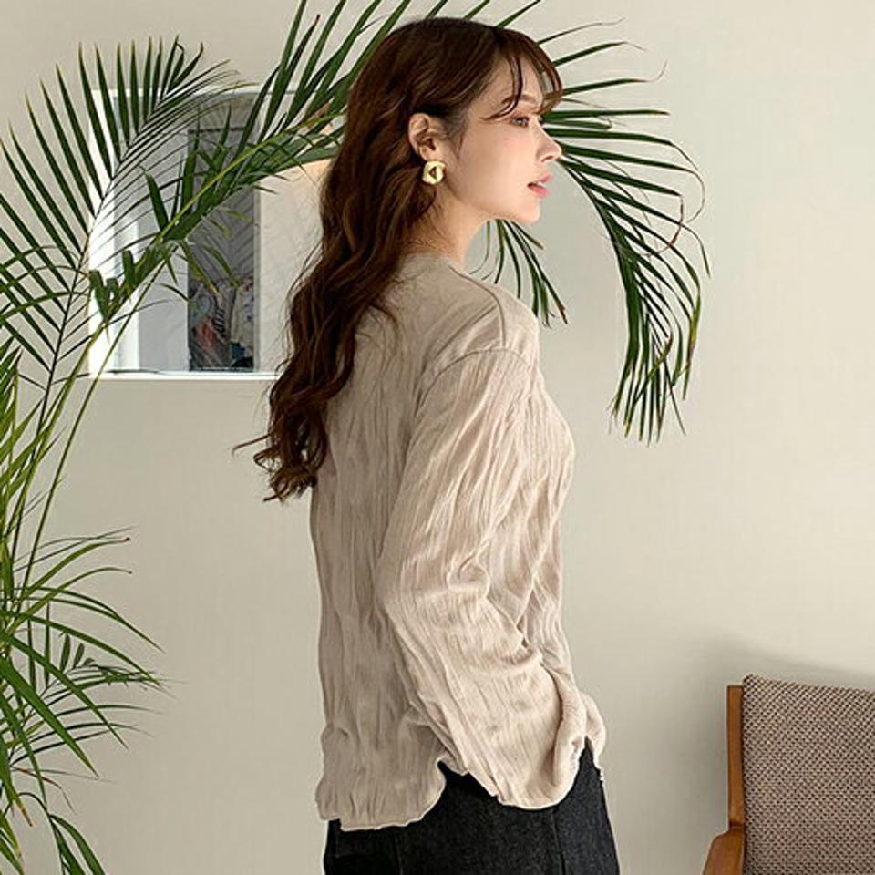 リンクルラウンドヘムTシャツ・全3色・t66326 レディース 【tops】【トップス Tシャツ 長袖 リンクル ナチュラル シンプル 単色 可愛い かわいい 秋 冬 韓国 ファッション】【ハイホリHIHOLLI】