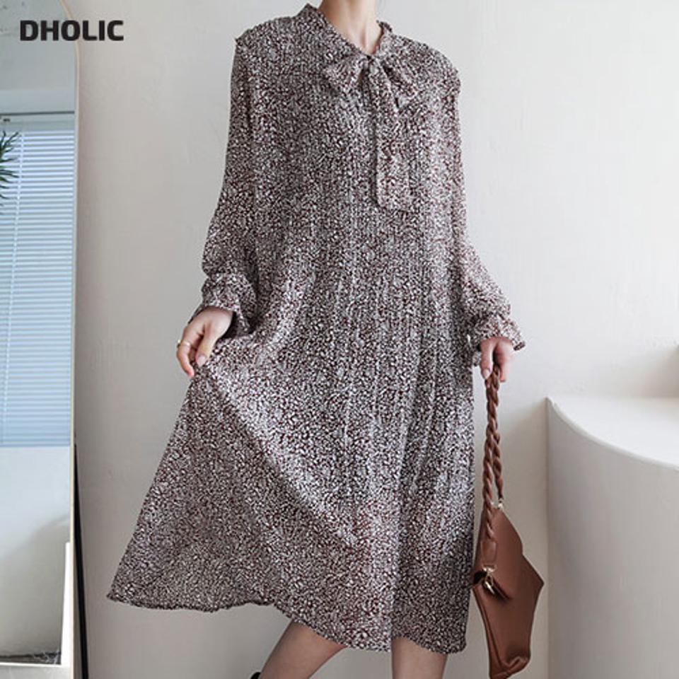 リボンネックパターンワンピース・全5色・b66289 レディース 【ops】【ワンピース ミディ丈 ミディワンピース リボン りぼん 長袖 シフォン 総柄 プリーツ プリーツワンピース 大人 秋 冬 韓国 ファッション】【ハイホリHIHOLLI】