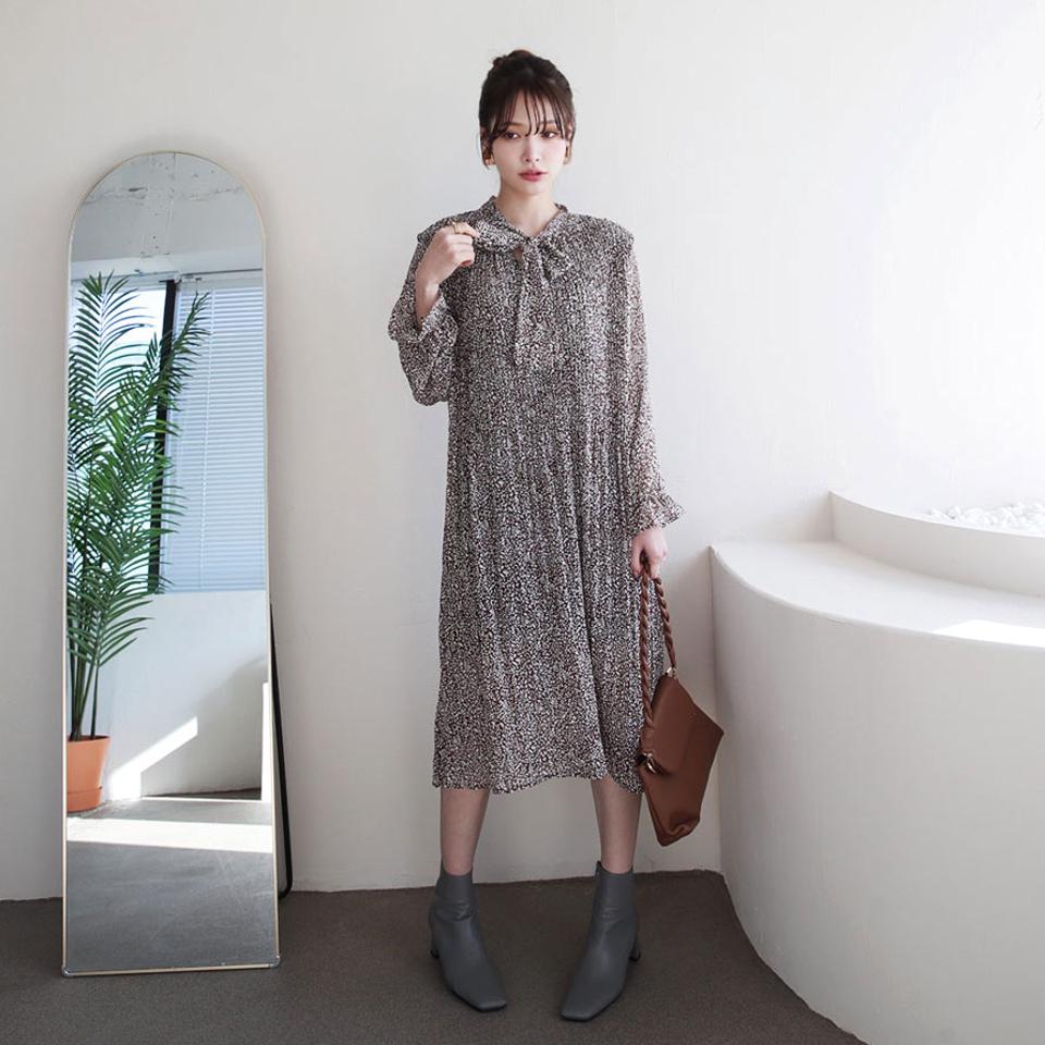 リボンネックパターンワンピース・全5色・b66289 レディース 【ops】【ワンピース ミディ丈 ミディワンピース リボン りぼん 長袖 シフォン 総柄 プリーツ プリーツワンピース 大人 秋 冬 韓国 ファッション】【ハイホリHIHOLLI】