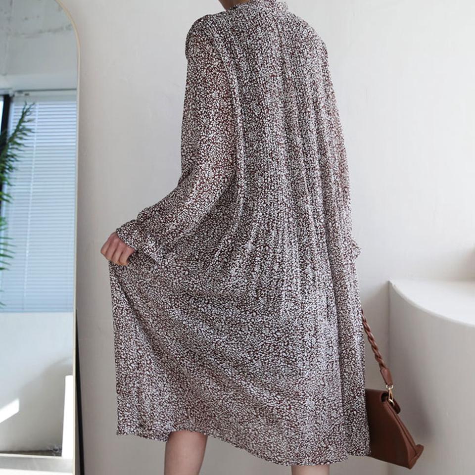 リボンネックパターンワンピース・全5色・b66289 レディース 【ops】【ワンピース ミディ丈 ミディワンピース リボン りぼん 長袖 シフォン 総柄 プリーツ プリーツワンピース 大人 秋 冬 韓国 ファッション】【ハイホリHIHOLLI】