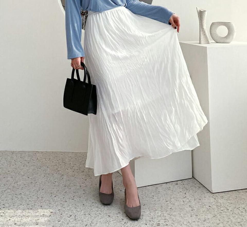 リンクルロングスカート・全2色・t56646 レディース 【sk】【韓国 ファッション ボトムス スカート ロング ロングスカート リンクル ナチュラル フレア フレアスカート ファスナー付き ウエストゴム フェミニン 上品 カジュアル 秋 冬】