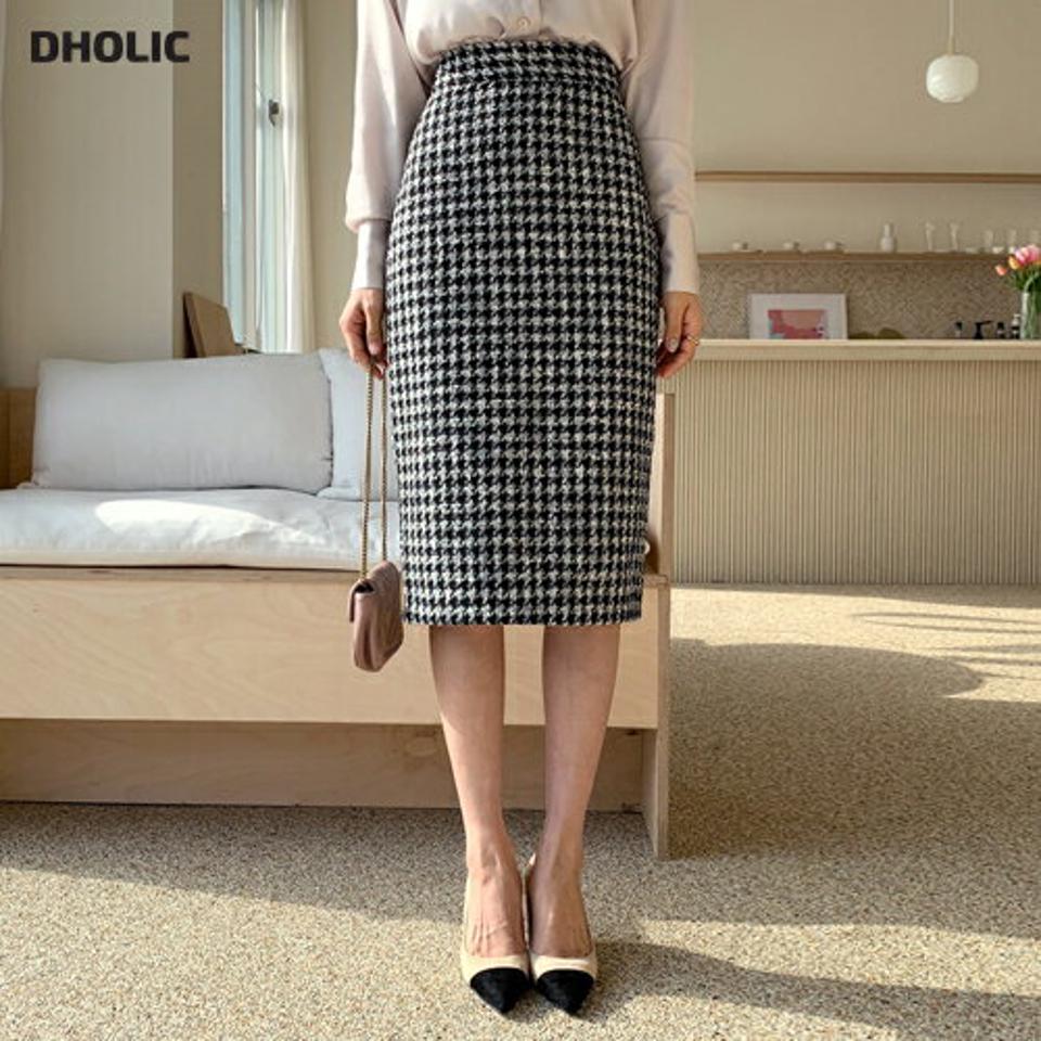 ハウンドトゥーススカート・全1色・b62555 レディース 【sk】【韓国 ファッション ボトムス スカート ロング Hライン ハウンドトゥース スリット チェック パターン 上品 フェミニン シンプル スリム 体型カーバー ベーシック カジュアル 秋 冬】
