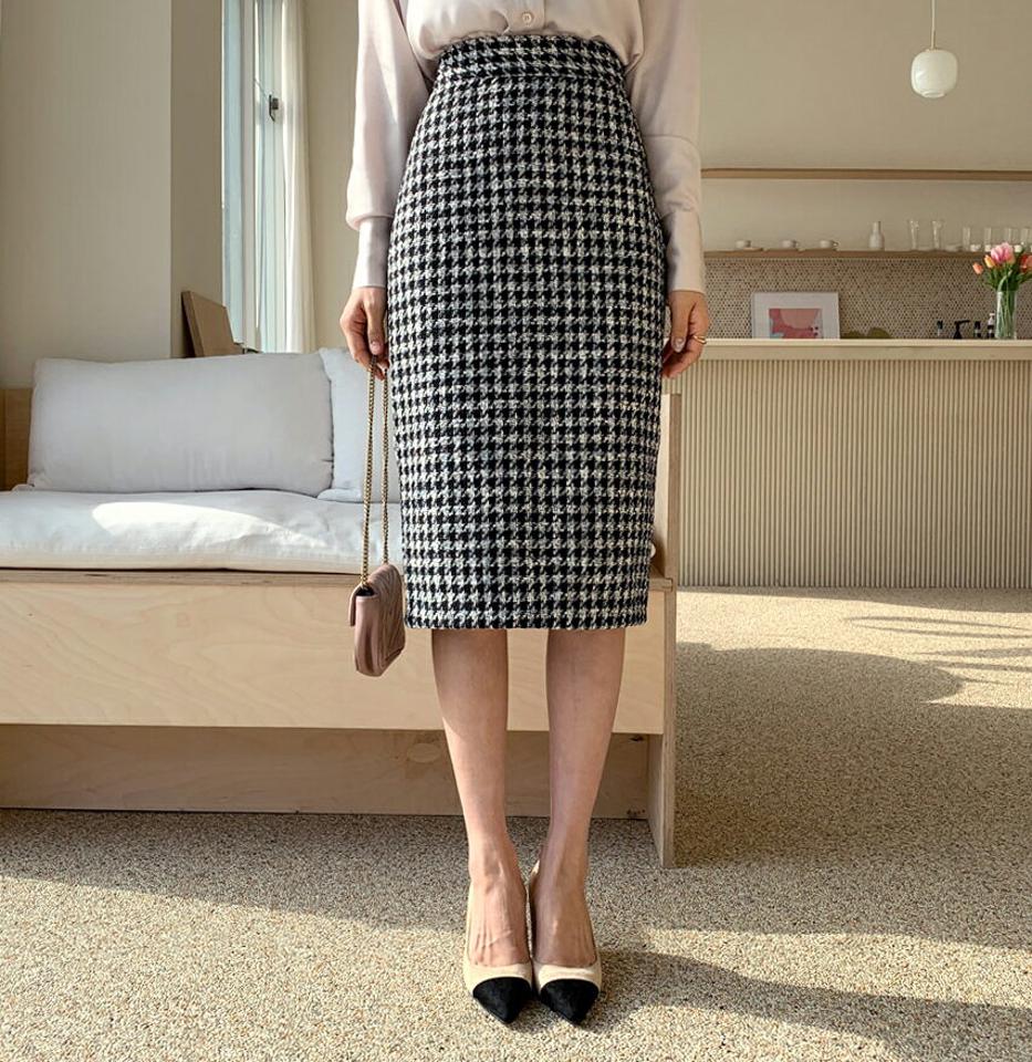 ハウンドトゥーススカート・全1色・b62555 レディース 【sk】【韓国 ファッション ボトムス スカート ロング Hライン ハウンドトゥース スリット チェック パターン 上品 フェミニン シンプル スリム 体型カーバー ベーシック カジュアル 秋 冬】