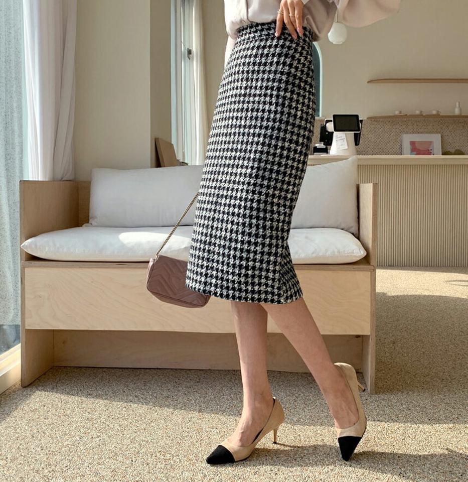 ハウンドトゥーススカート・全1色・b62555 レディース 【sk】【韓国 ファッション ボトムス スカート ロング Hライン ハウンドトゥース スリット チェック パターン 上品 フェミニン シンプル スリム 体型カーバー ベーシック カジュアル 秋 冬】