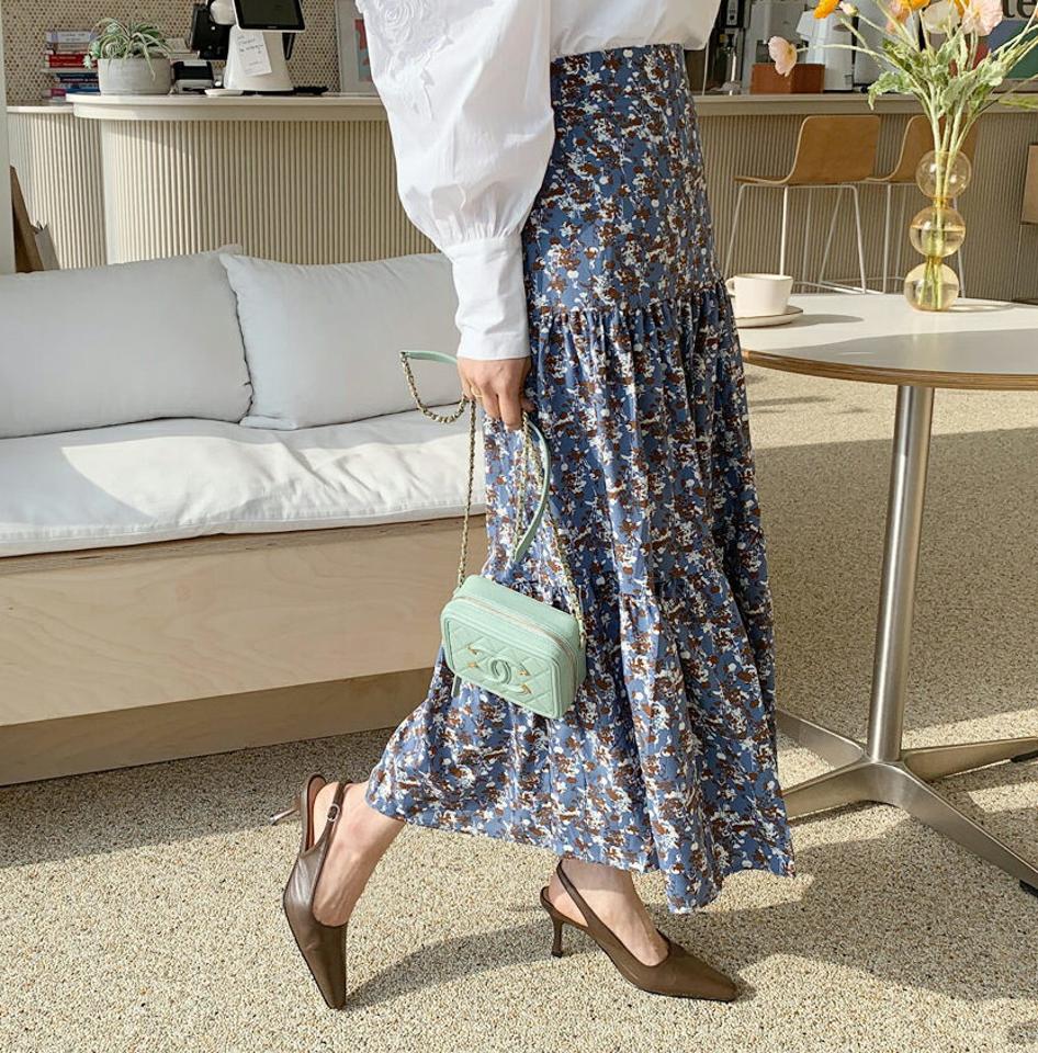 花柄ティアードスカート・全2色・b62559 レディース 【sk】【韓国 ファッション ボトムス スカート ロング Aライン 花柄 ティアード バックゴム サイドジップ 上品 フェミニン シンプル スリム 体型カーバー 細身 ベーシック デイリー カジュアル 秋 冬】