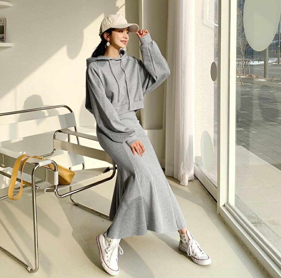 フーディ&マーメイドスカートSET・全3色・b62552 レディース 【ops】【韓国 ファッション ワンピース セットアップ 長袖 フーディ マーメイド SET カジュアル ストリング ラグランスリーブ スカート ウエストゴム ベーシック シンプル カジュアル 秋 冬】