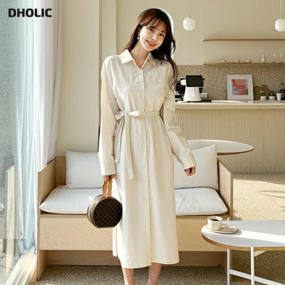 ストラップ付シャツワンピース・全3色・t62549 レディース 【ops】【韓国 ファッション ワンピース ロング ロングワンピース 長袖 シャツワンピース ルーズ ゆったり ウエストストラップ フェミニン 上品 ベーシック シンプル カジュアル カジュアル 秋 冬】