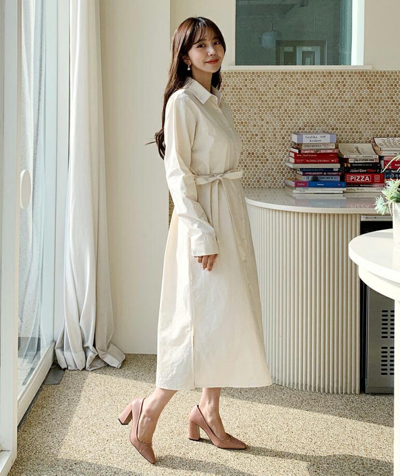 ストラップ付シャツワンピース・全3色・t62549 レディース 【ops】【韓国 ファッション ワンピース ロング ロングワンピース 長袖 シャツワンピース ルーズ ゆったり ウエストストラップ フェミニン 上品 ベーシック シンプル カジュアル カジュアル 秋 冬】