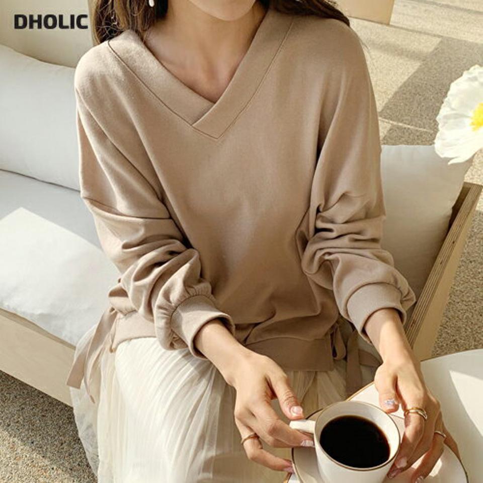 Vネックサイドリボンスウェット・全4色・t62540 レディース 【tops】【韓国 ファッション トップス Tシャツ スウェット カットソー 長袖 無地 Vネック ルーズ ゆったり 上品 フェミニン シンプル デイリー ベーシック カジュアル カジュアル 秋 冬】