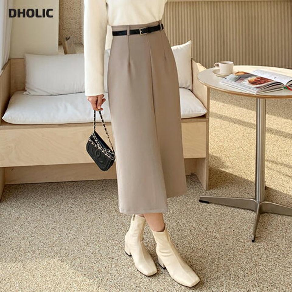 ベルト付Hラインスカート・全2色・t62558 レディース 【sk】【韓国 ファッション ボトムス スカート ロング Hライン ダーツ ユニーク バックファスナー 上品 フェミニン シンプル スリム 体型カーバー 細身 ベーシック デイリー カジュアル 秋 冬】
