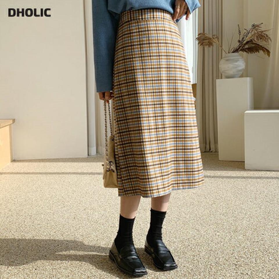 チェックAラインスカート・全2色・t62557 レディース 【sk】【韓国 ファッション ボトムス スカート ロング チェック Aライン バックゴム サイドジップ スリット パターン 上品 フェミニン シンプル スリム 体型カーバー ベーシック カジュアル 秋 冬】