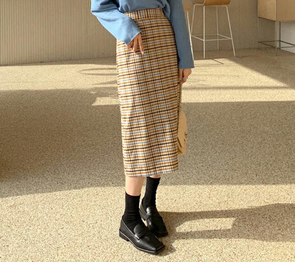 チェックAラインスカート・全2色・t62557 レディース 【sk】【韓国 ファッション ボトムス スカート ロング チェック Aライン バックゴム サイドジップ スリット パターン 上品 フェミニン シンプル スリム 体型カーバー ベーシック カジュアル 秋 冬】