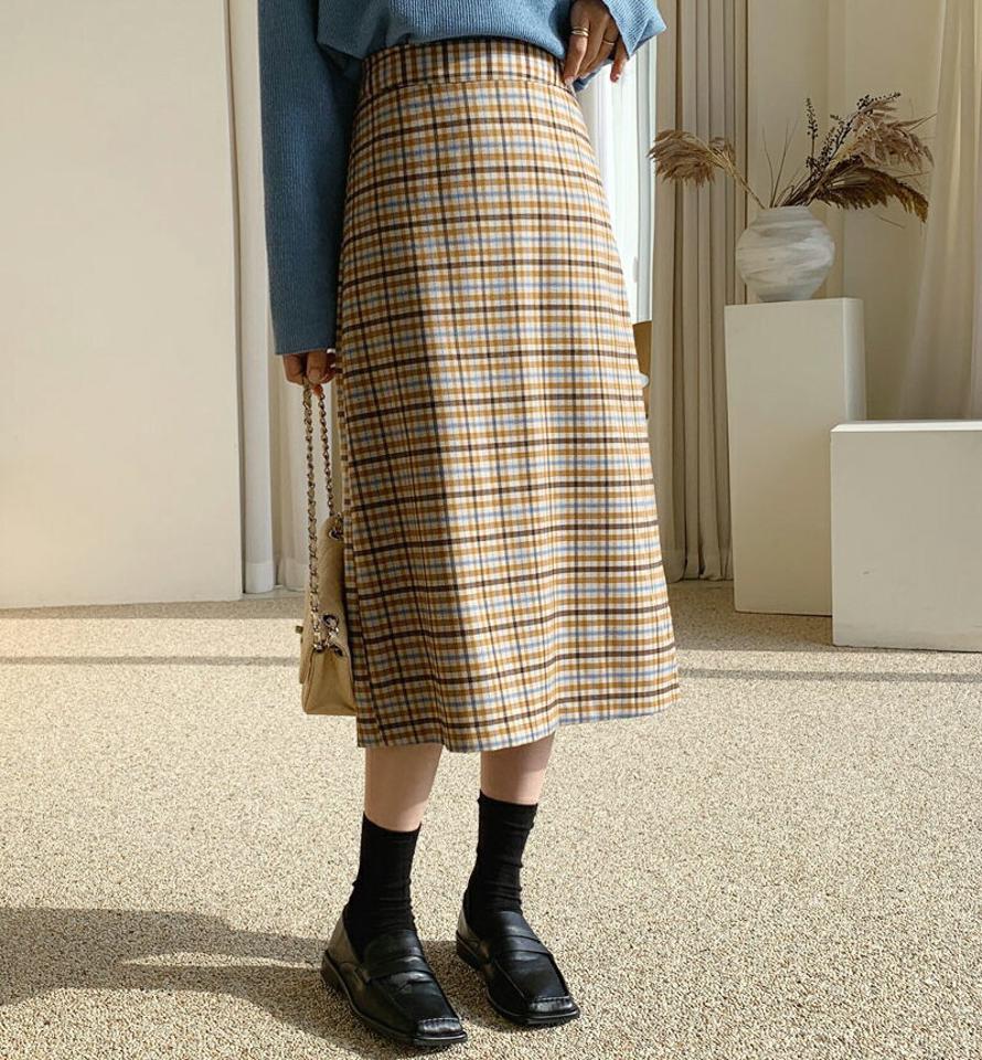 チェックAラインスカート・全2色・t62557 レディース 【sk】【韓国 ファッション ボトムス スカート ロング チェック Aライン バックゴム サイドジップ スリット パターン 上品 フェミニン シンプル スリム 体型カーバー ベーシック カジュアル 秋 冬】