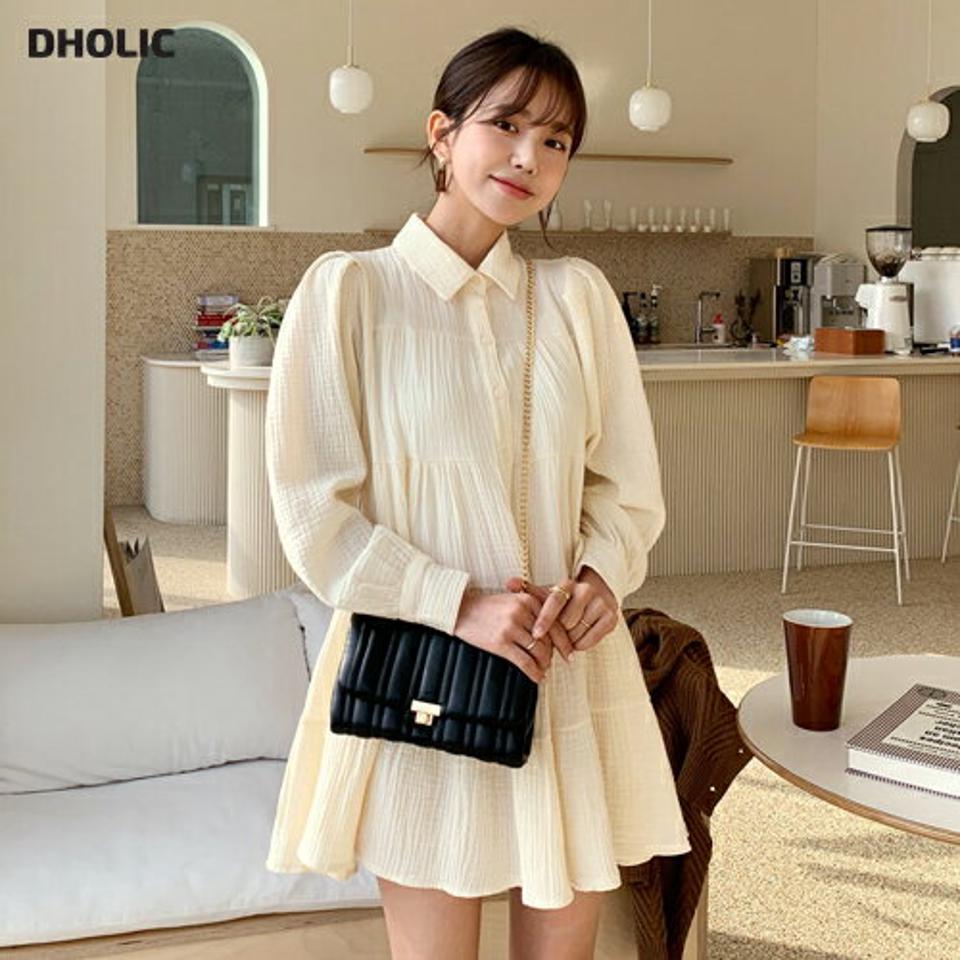 リンクルカラーミニワンピース・全2色・t62546 レディース 【ops】【韓国 ファッション ワンピース ミニ ミニワンピース 長袖 シャツ風 ティアード リンクル ベーシック シンプル カジュアル カジュアル 秋 冬】