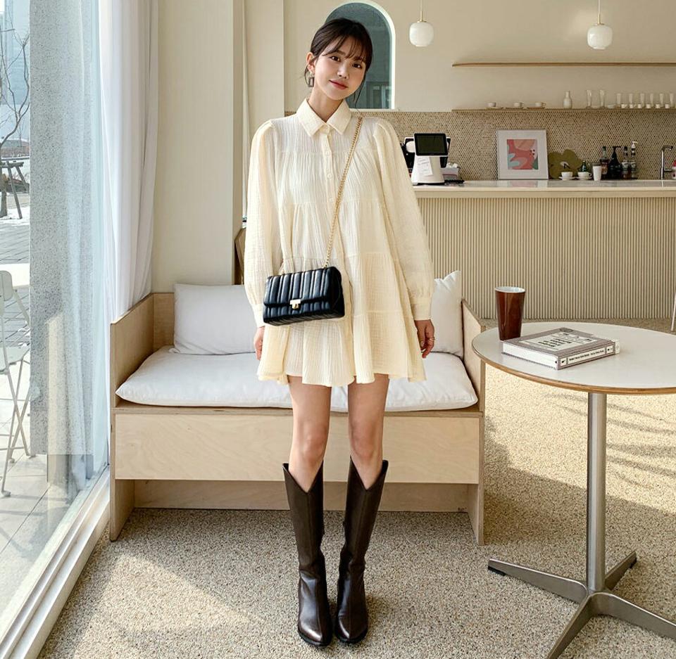 リンクルカラーミニワンピース・全2色・t62546 レディース 【ops】【韓国 ファッション ワンピース ミニ ミニワンピース 長袖 シャツ風 ティアード リンクル ベーシック シンプル カジュアル カジュアル 秋 冬】