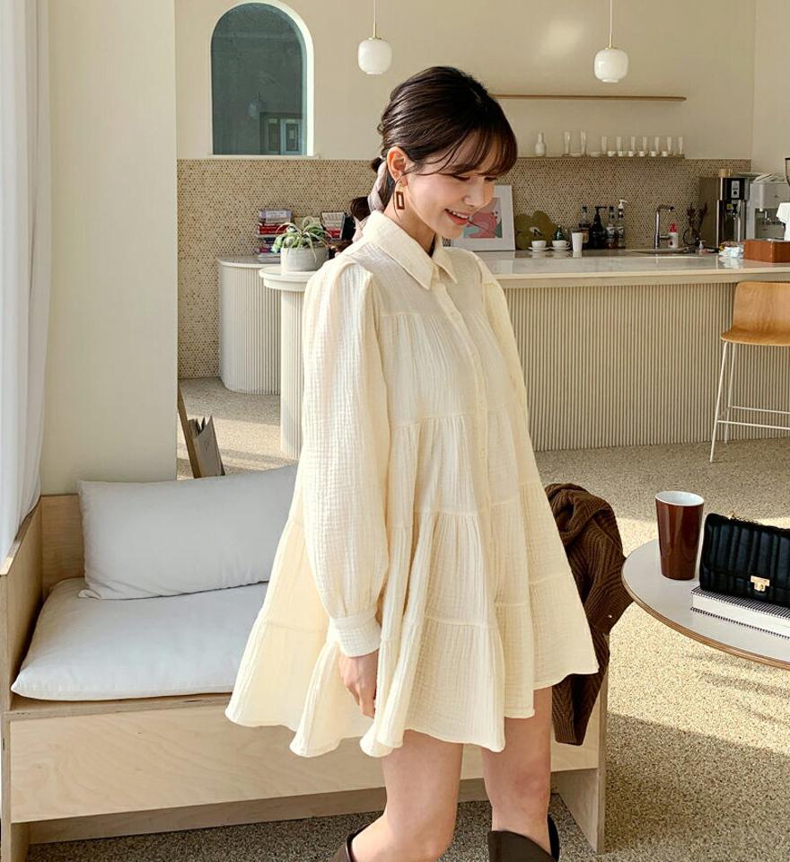 リンクルカラーミニワンピース・全2色・t62546 レディース 【ops】【韓国 ファッション ワンピース ミニ ミニワンピース 長袖 シャツ風 ティアード リンクル ベーシック シンプル カジュアル カジュアル 秋 冬】