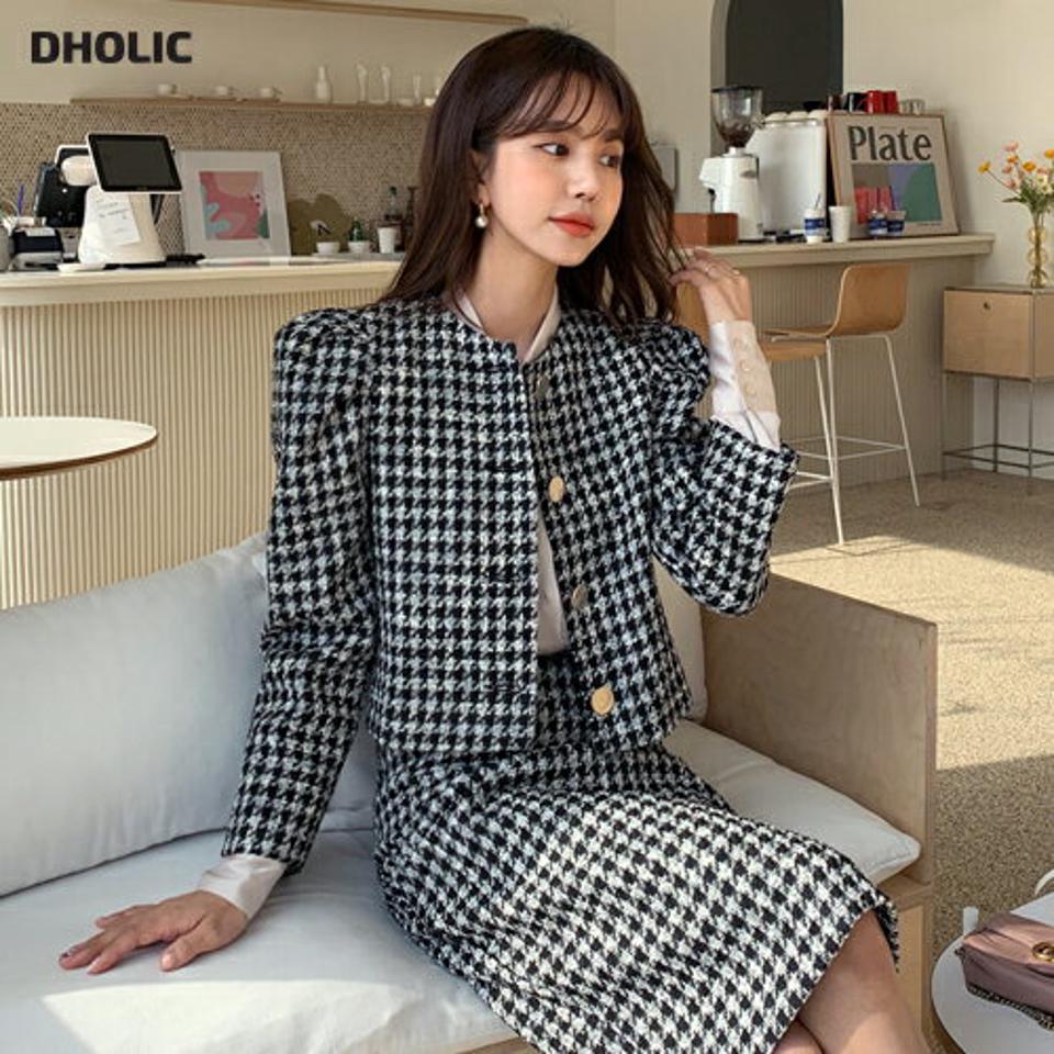 ハウンドトゥースジャケット&スカートSET・全1色・b62554 レディース 【ops】【韓国 ファッション ワンピース セットアップ 長袖 ハウンドトゥース ジャケット ラウンドネック パフスリーブ ショート丈 スカート ベーシック シンプル カジュアル 秋 冬】