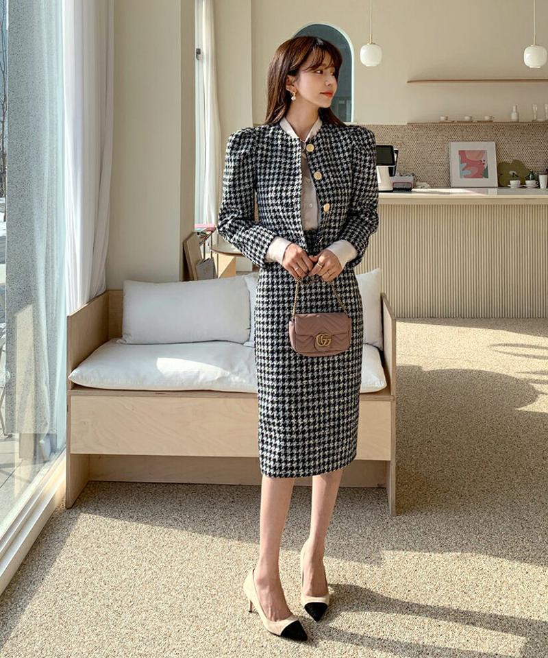 ハウンドトゥースジャケット&スカートSET・全1色・b62554 レディース 【ops】【韓国 ファッション ワンピース セットアップ 長袖 ハウンドトゥース ジャケット ラウンドネック パフスリーブ ショート丈 スカート ベーシック シンプル カジュアル 秋 冬】