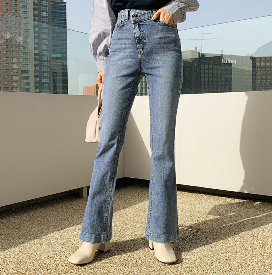 アンバランスブーツカットデニムパンツ・全1色・t64853 レディース 【pt】【韓国 ファッション ボトムス パンツ ロング デニム アンバランス ブーツカット ウォッシング スリム 美脚 10分丈 十分丈 カジュアル 秋 冬】