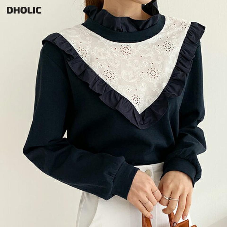 ネックフリルレースTシャツ・全2色・b66495 レディース 【tops】【トップス Tシャツ 長袖 フリルレース レース フリルネック ガーリー 可愛い かわいい 襟コンシャス 秋 冬 韓国 ファッション】【ハイホリHIHOLLI】