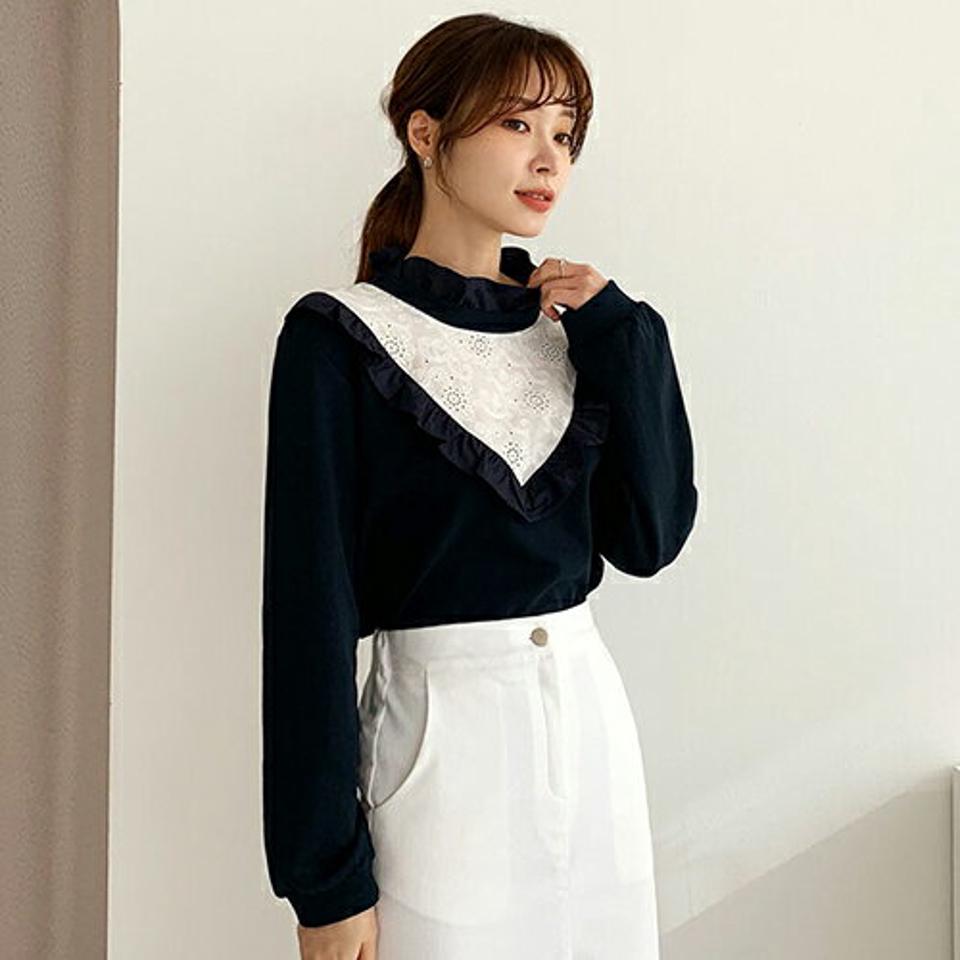 ネックフリルレースTシャツ・全2色・b66495 レディース 【tops】【トップス Tシャツ 長袖 フリルレース レース フリルネック ガーリー 可愛い かわいい 襟コンシャス 秋 冬 韓国 ファッション】【ハイホリHIHOLLI】