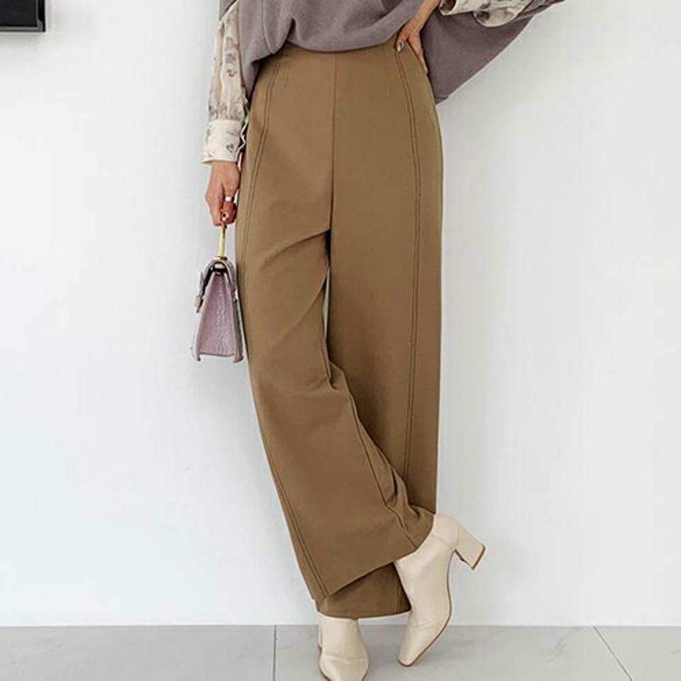 ステッチワイドスラックス・全2色・t66512 レディース 【pt】【スラックス パンツ ズボン ロングパンツ ワイドパンツ ワイドスラックス ステッチ 単色 シンプル カジュアル 秋 冬 韓国 ファッション】【ハイホリHIHOLLI】